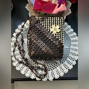 Cute Boho Style Beaded Phone Purse Flower Detail Shoulder Bag Small Brown Cream